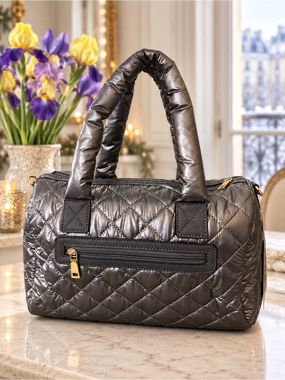JEN AND CO VEGAN Meghan Quilted NWT Puffy Metallic Gunmetal Crossbody Bag!